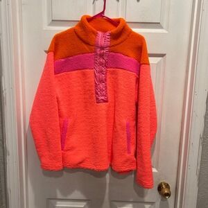 Cotton Bleu Women Colorblock‎ Sherpa Fleece Pullover Sweater Size S Orange Pink